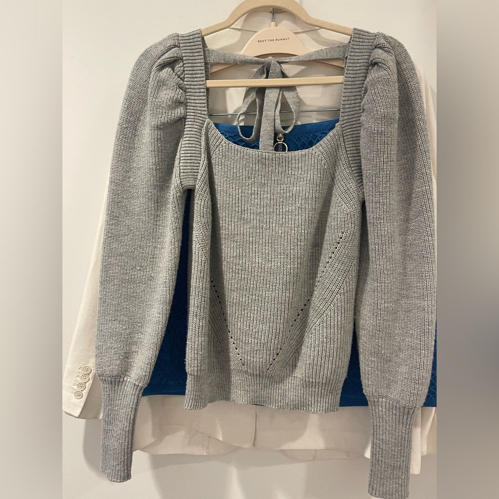 Wayf Gray Off-the-Shoulder Sweater with Puff Sleeves
